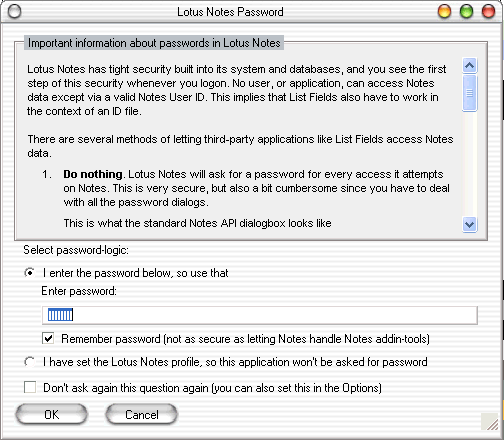 The Notes password dialog from List Fields